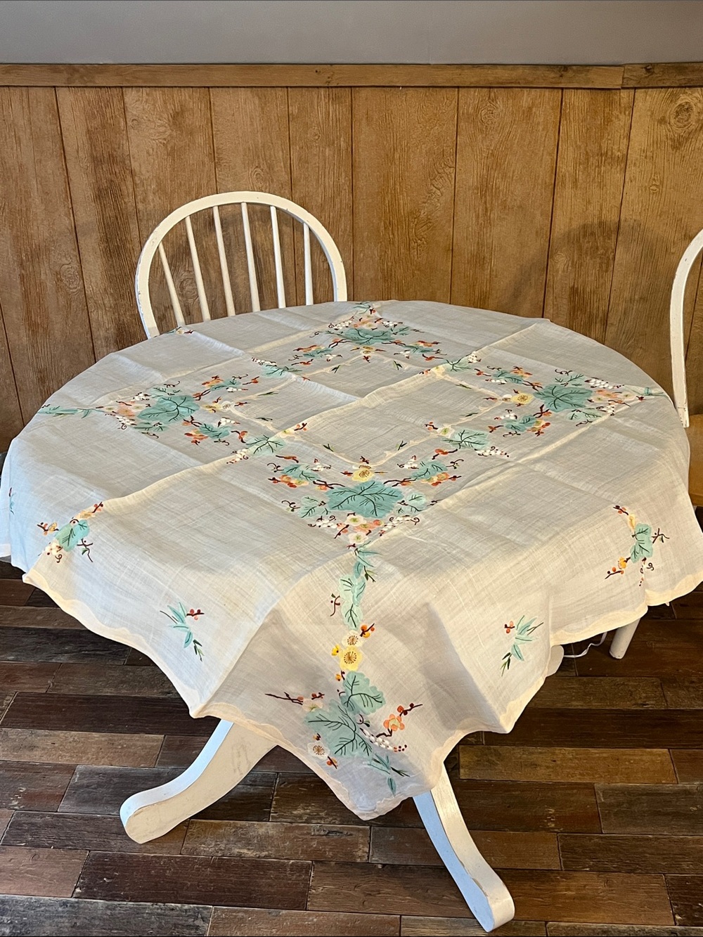 Vintage Embroidered Floral Tablecloth - Cream with Teal and Yellow Accents